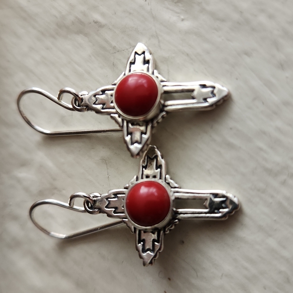 Beautiful NWOT Native American Navajo Sterling & Coral Earrings - Picture 7 of 11